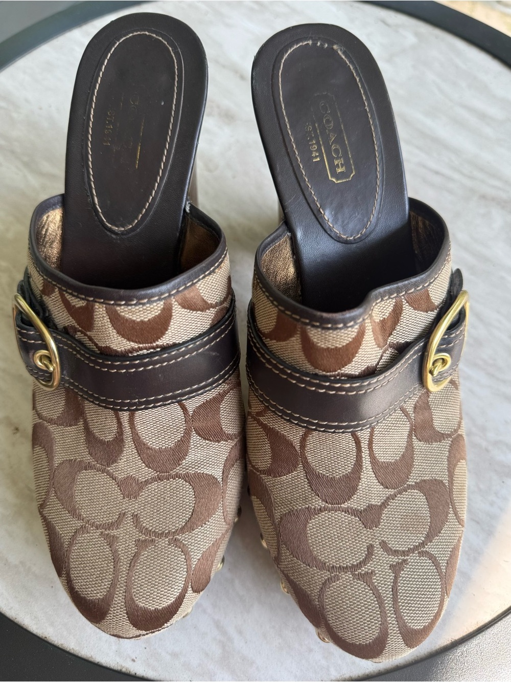 Coach Tan and Brown Logo Clog Mules with Gold Buckle - Picture 5 of 8